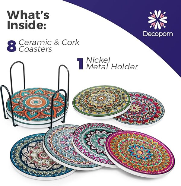 Mandala Drink Coasters with Holder - 8 Set Ceramic Boho Coaster for Drinks Absorbent